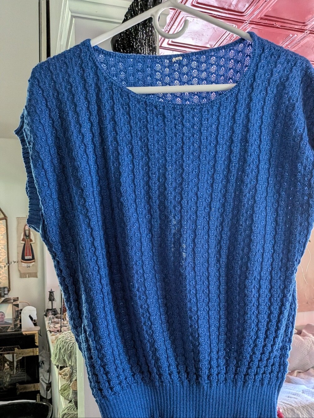 Blue Knit Short-Sleeve Women's Top